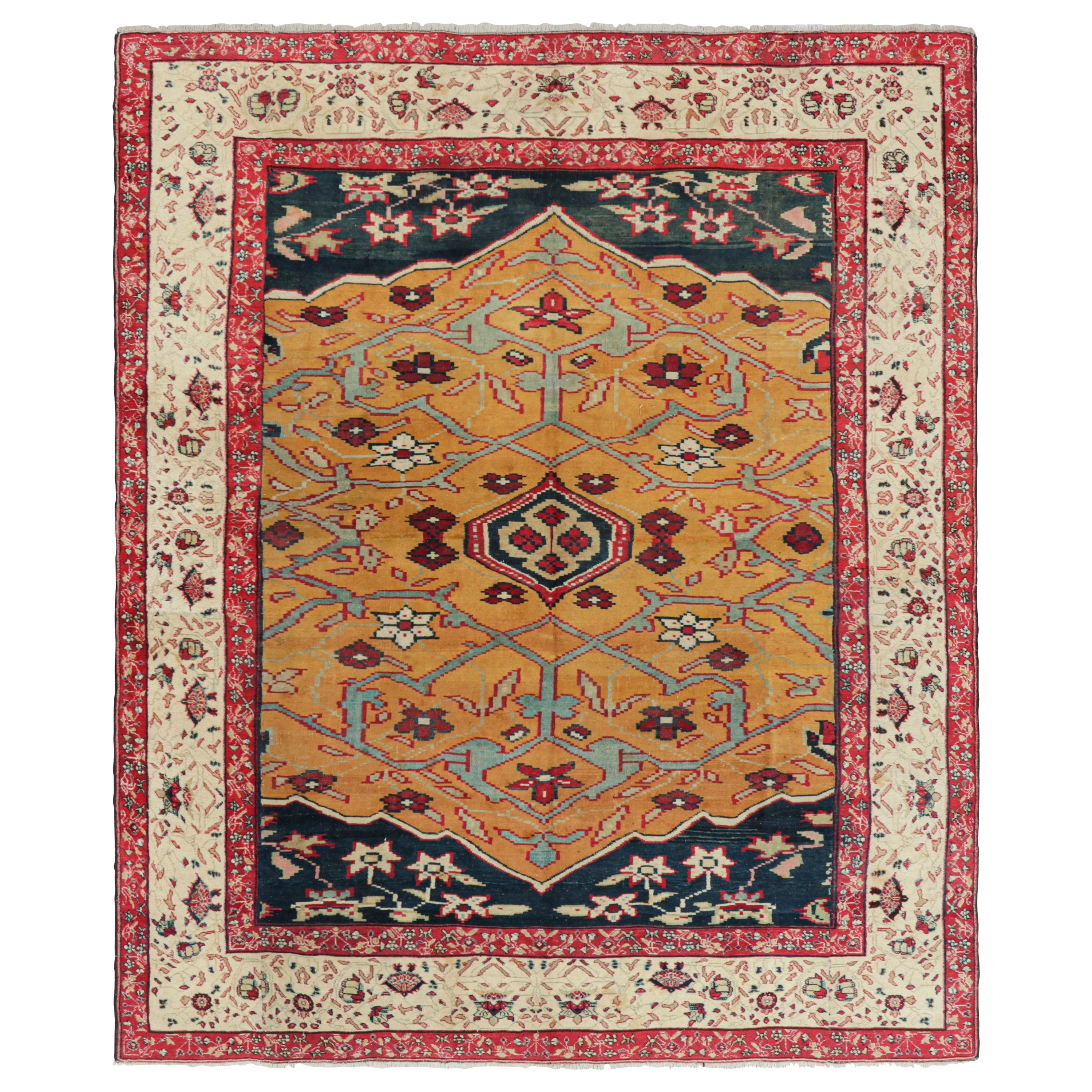 Antique Agra Rug in Gold with Medallion and Floral Patterns, from Rug & Kilim