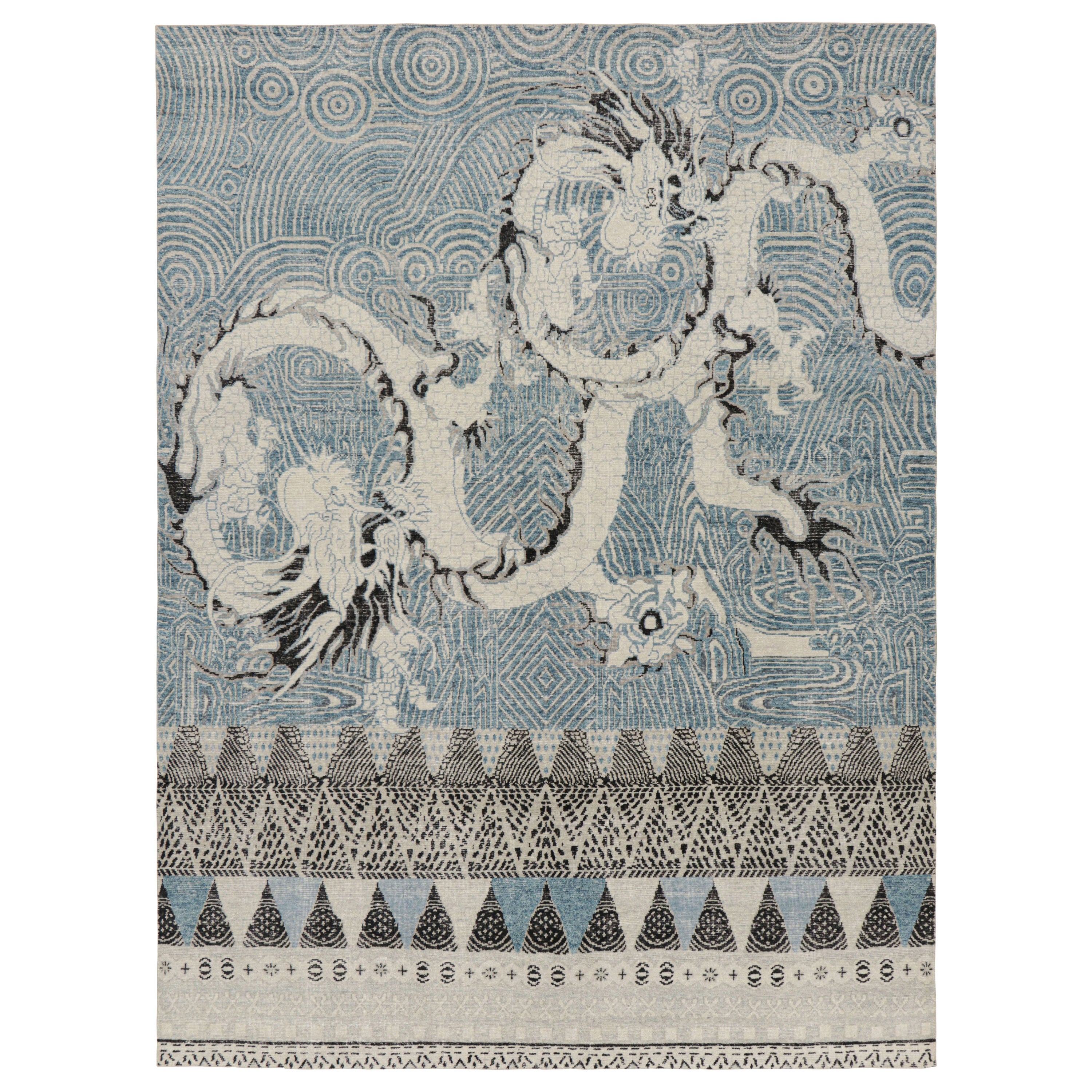 Alfombra Dragón Desgastada de Rug & Kilim con motivos pictóricos en azul, gris y negro