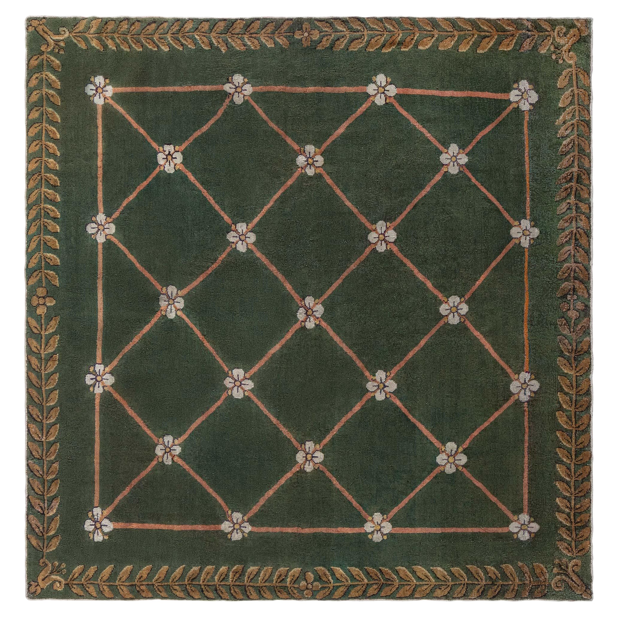 Authentique tapis de laine vert Savonnerie du 19ème siècle