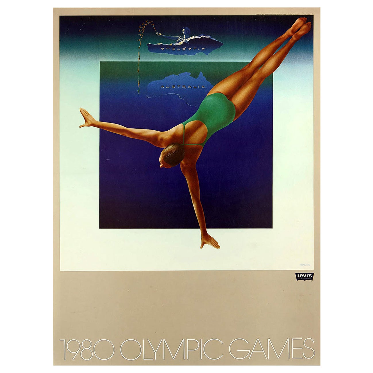 Affiche sportive originale de Levi's Moscou des Jeux olympiques de 1980, Swimmer d'Australie