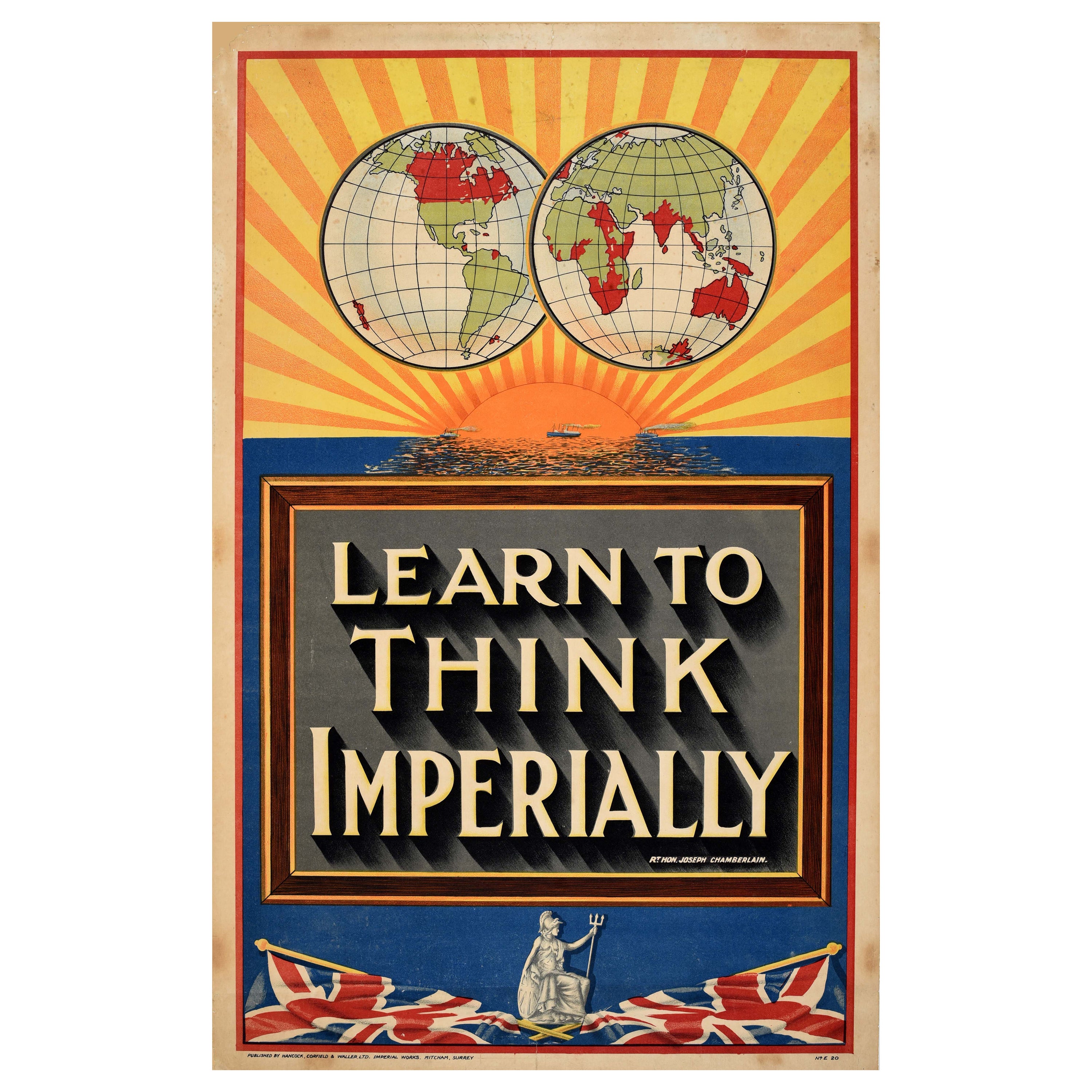Poster originale d'epoca Impara a pensare in modo imperiale Impero Britannico Chamberlain Regno Unito