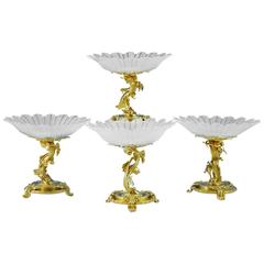 Set of Four French 19th Century Solid Silver-Gilt and Cut-Glass Comports