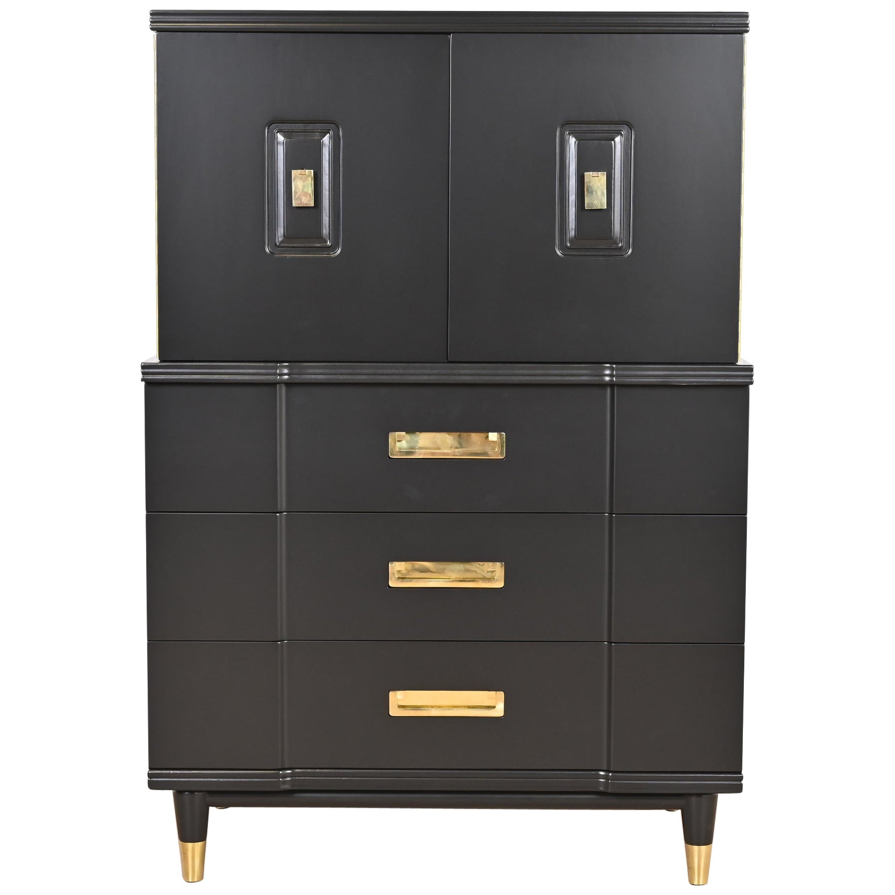 John Widdicomb Hollywood Regency Campaign Black Lacquered Gentleman's Chest