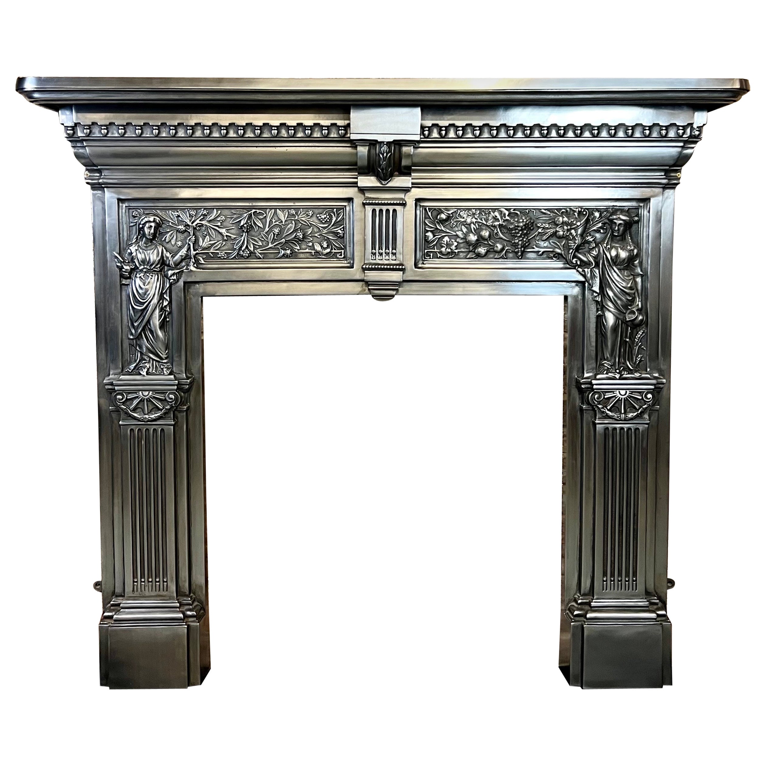19th Century Victorian Style Polished Cast Iron Fireplace Mantelpiece For Sale