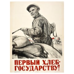 Affiche de propagande soviétique originale vintage Grain Farmer Government Bread URSS