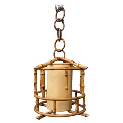 French Mid-Century Rattan Lantern Pendant Louis Sognot, circa 1950