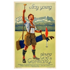 Poster di viaggio sportivo originale d'epoca Rimani giovane giocando a golf in Germania Osswald
