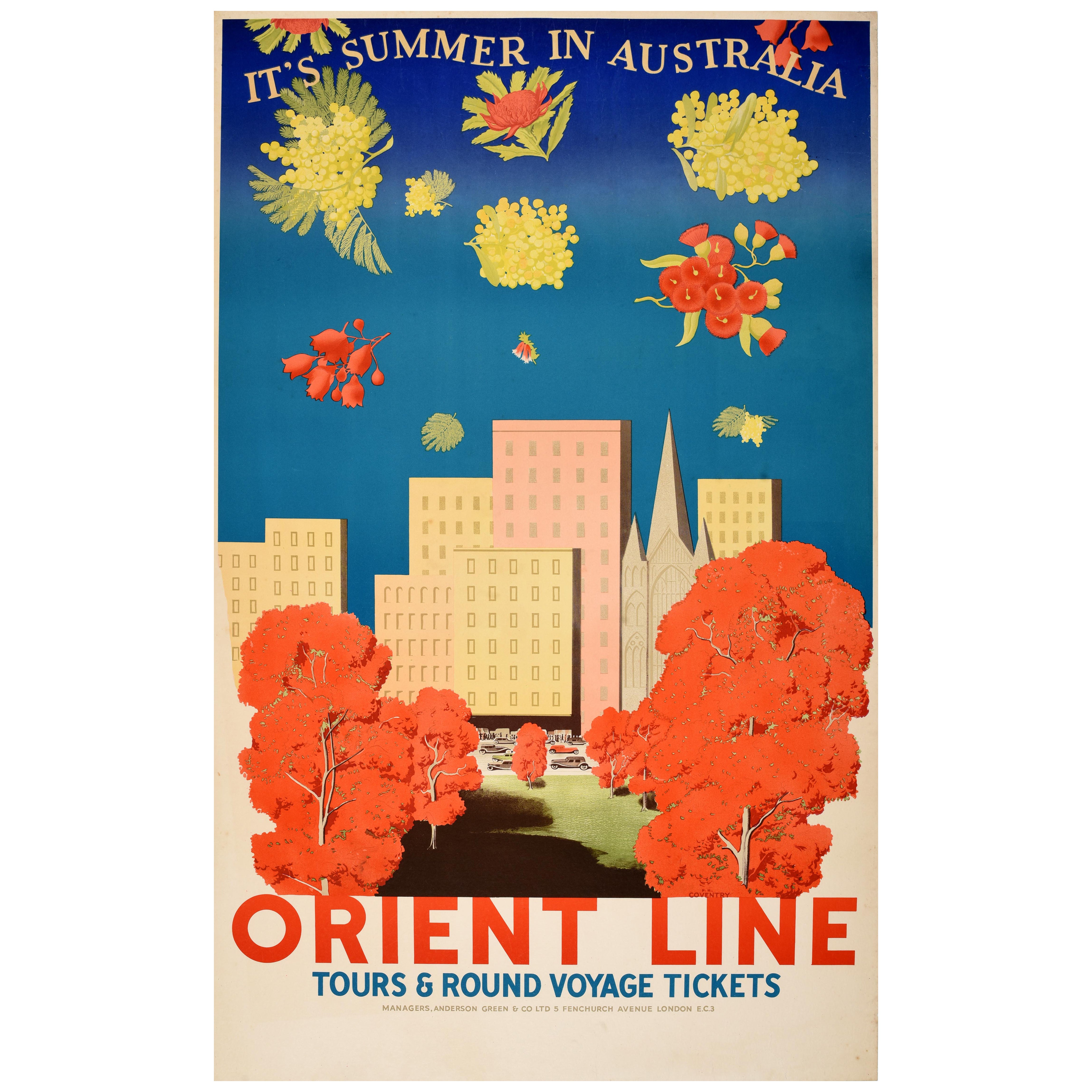 Original Vintage Kreuzfahrt-Reiseplakat Orient Line Australien, Art déco, Sommer