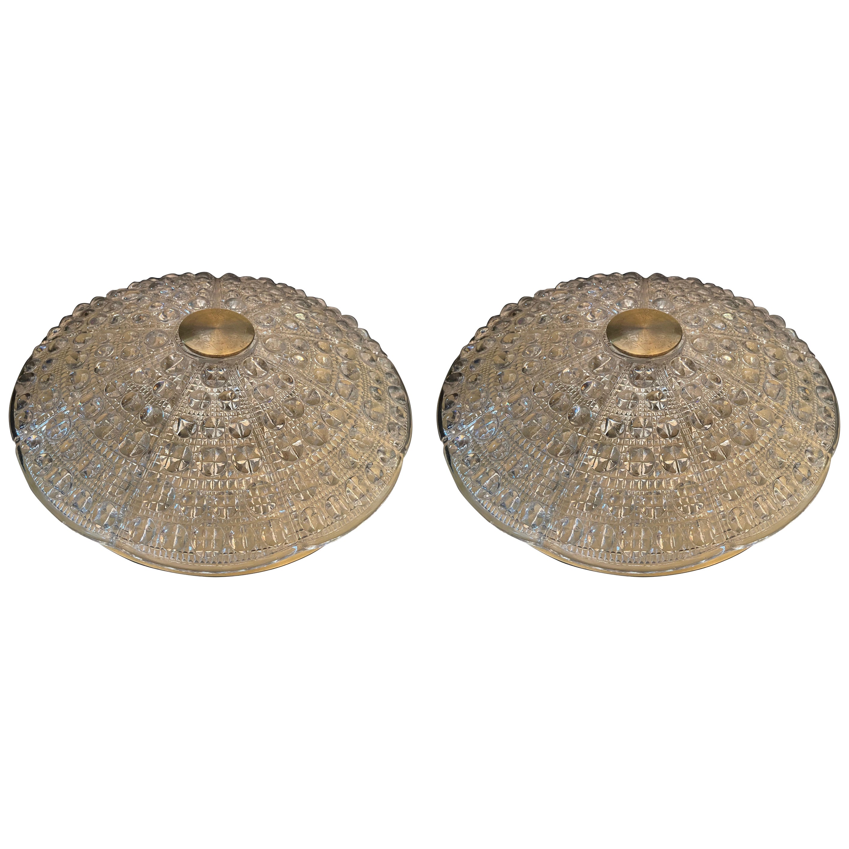 Mid-Century Modern Carl Fagerlund Brass Glass Flush Mount Large Pair Fixtures