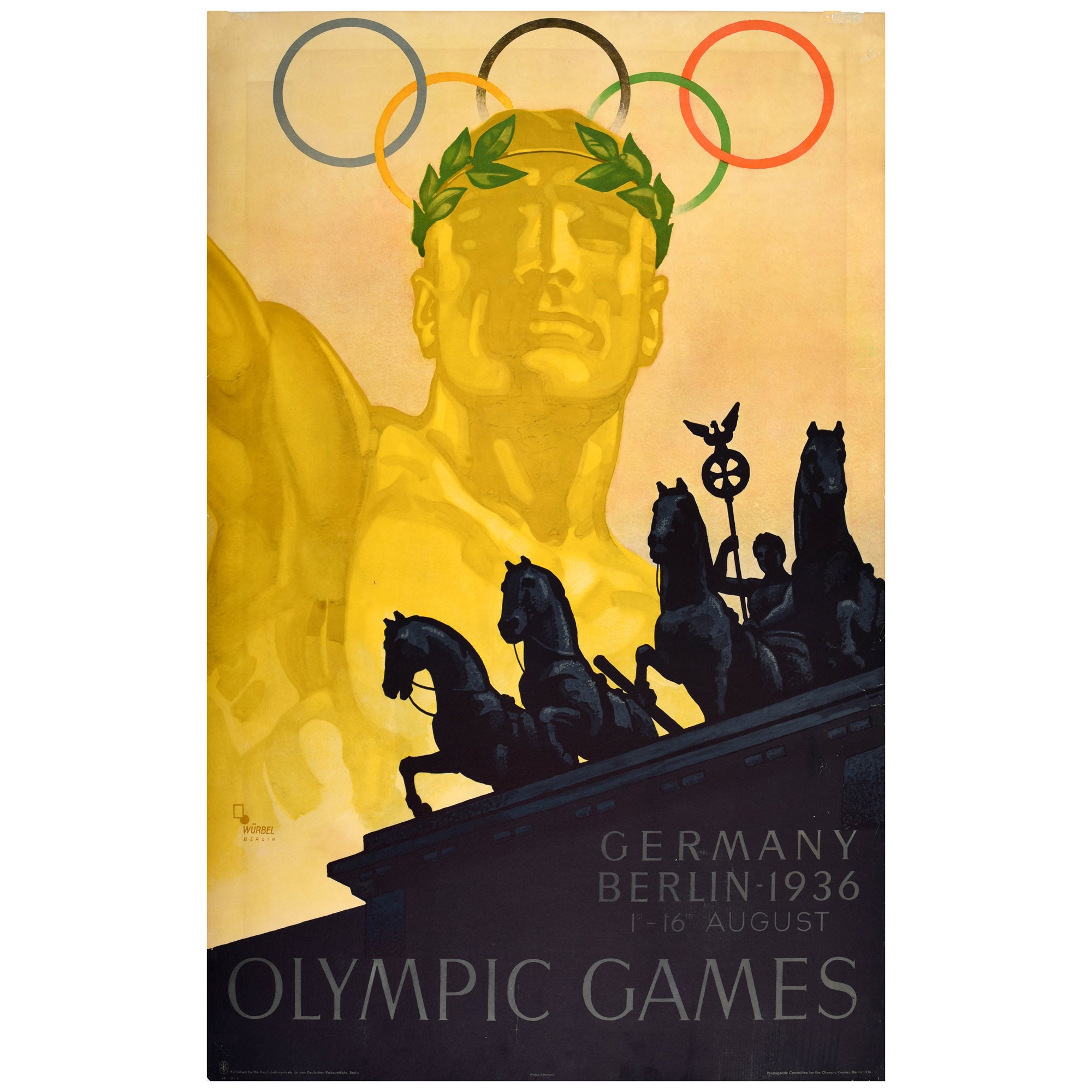 Poster sportivo originale d'epoca Giochi Olimpici Berlino 1936 Franz Wurbel Inglese