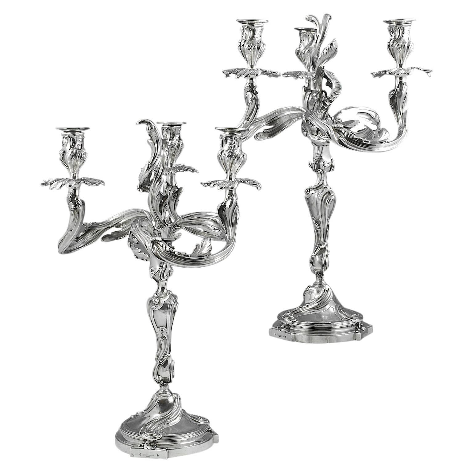 19th Century Pair of French Solid Silver Three-Light Candelabra For Sale