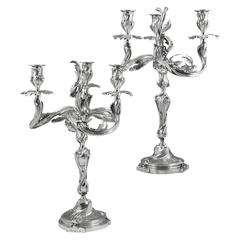 Antique 19th Century Pair of French Solid Silver Three-Light Candelabra
