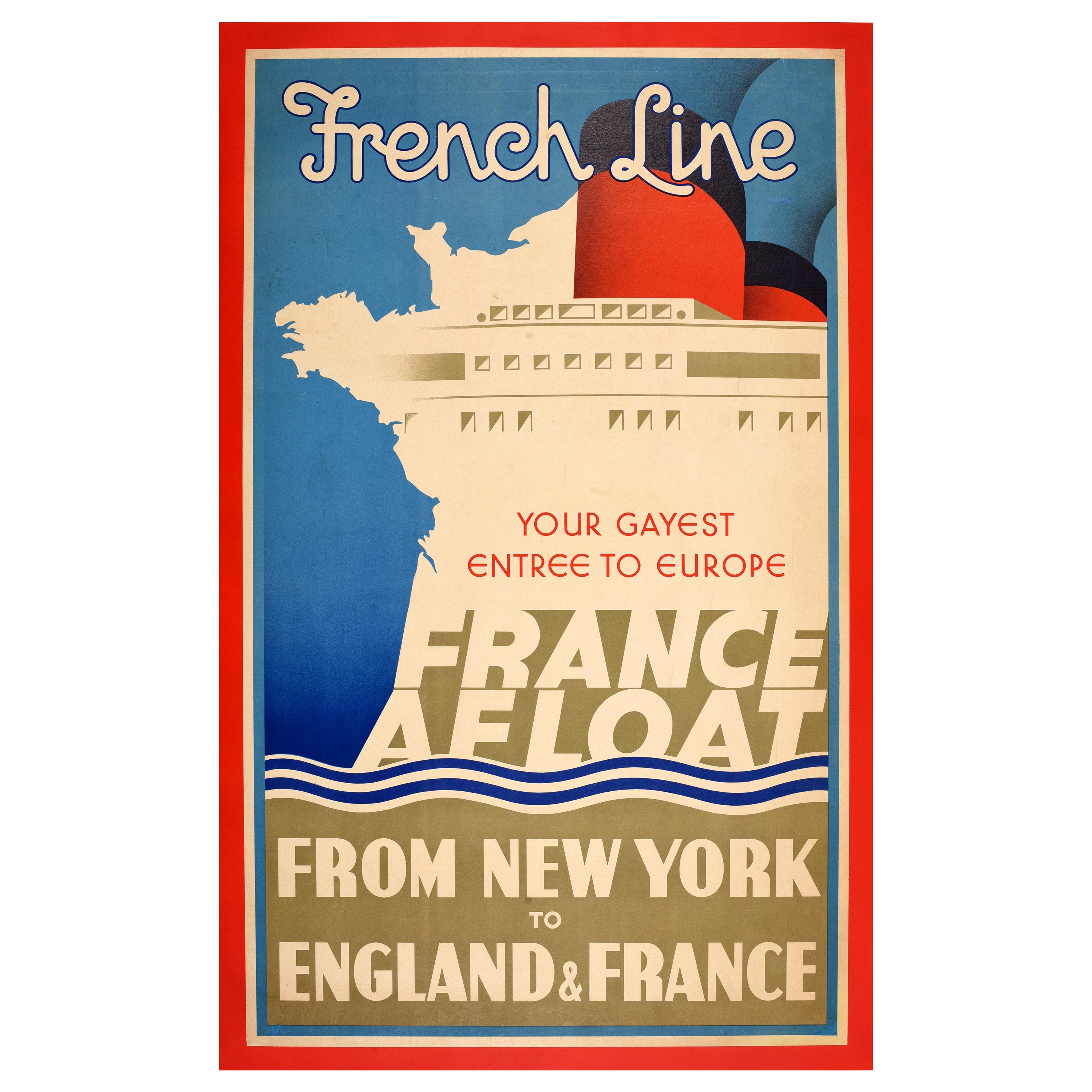 Affiche vintage originale de voyage de croisière French Line Gayest Entree To Europe France