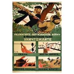 Affiche rétro originale soviétique de la Seconde Guerre mondiale, Guerilla, Guerre, Territoire partisan, Fasciste, URSS