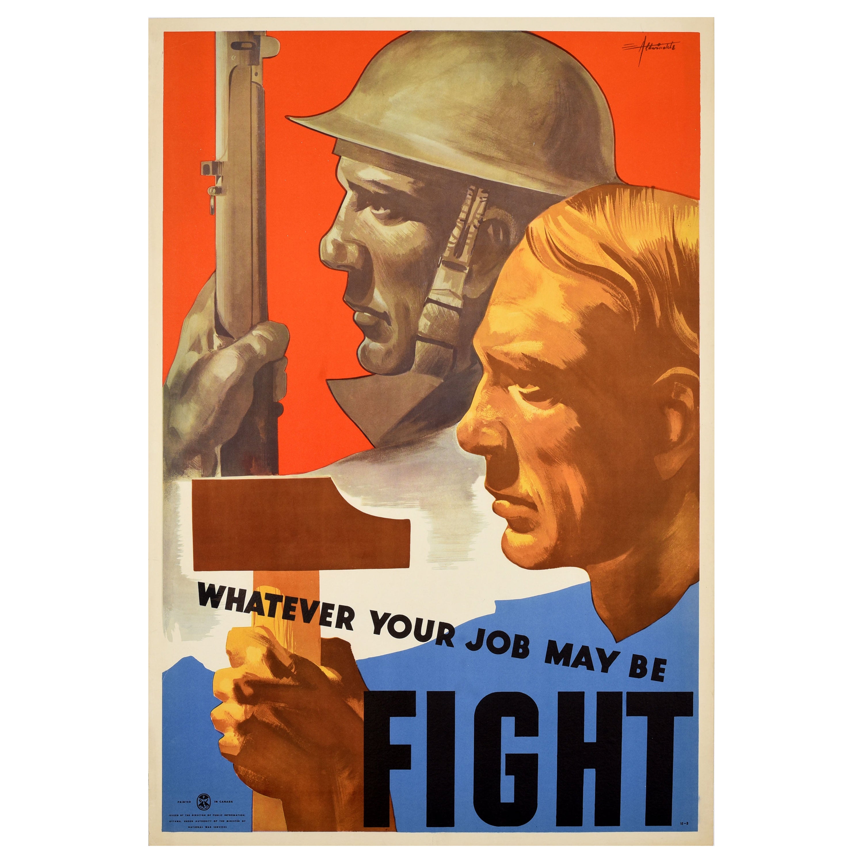 Original Vintage Cartel de Guerra Sea cual sea tu trabajo Lucha Canadá Frente Interior II Guerra Mundial