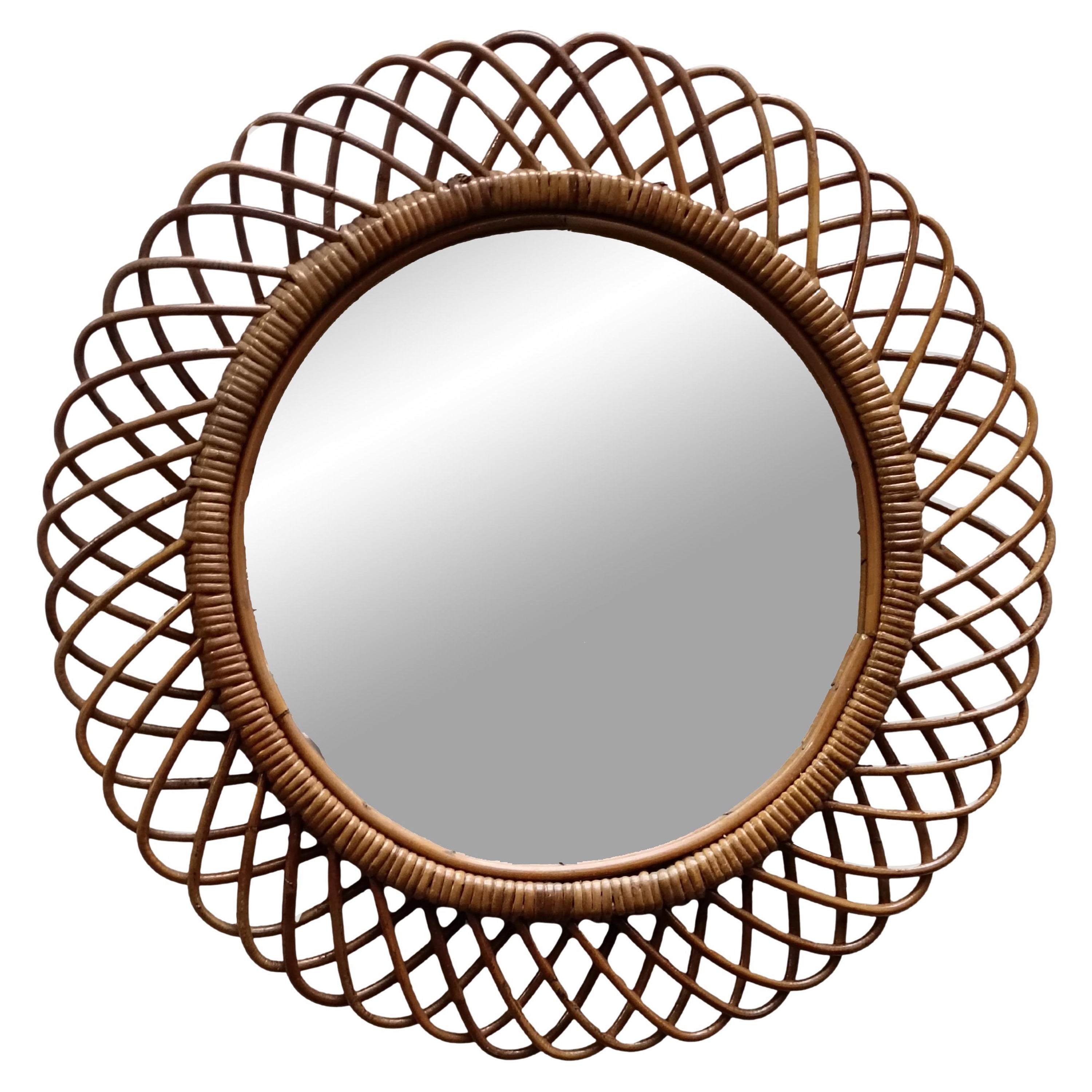 Rattan and Bamboo Wall Mirror, Italy 1960s