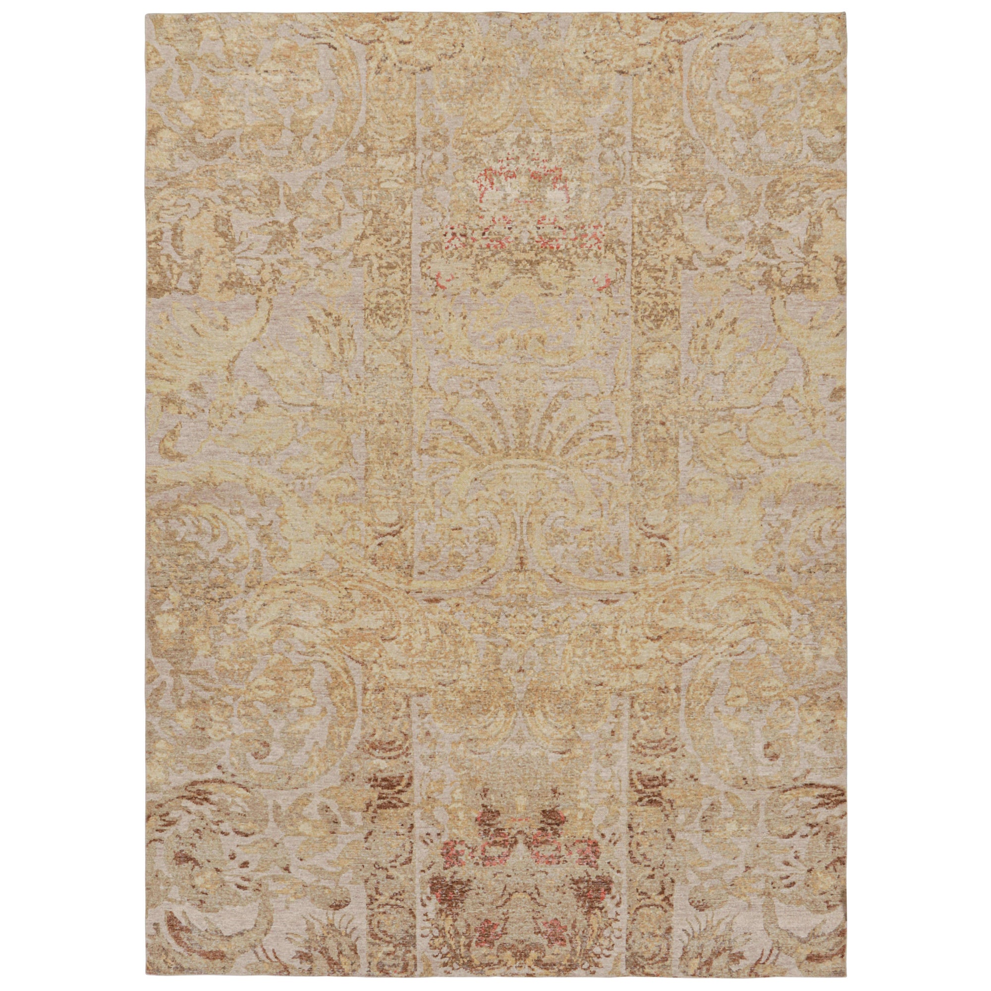 Rug & Kilim’s Distressed European Rug in Beige-brown & Gold Florals