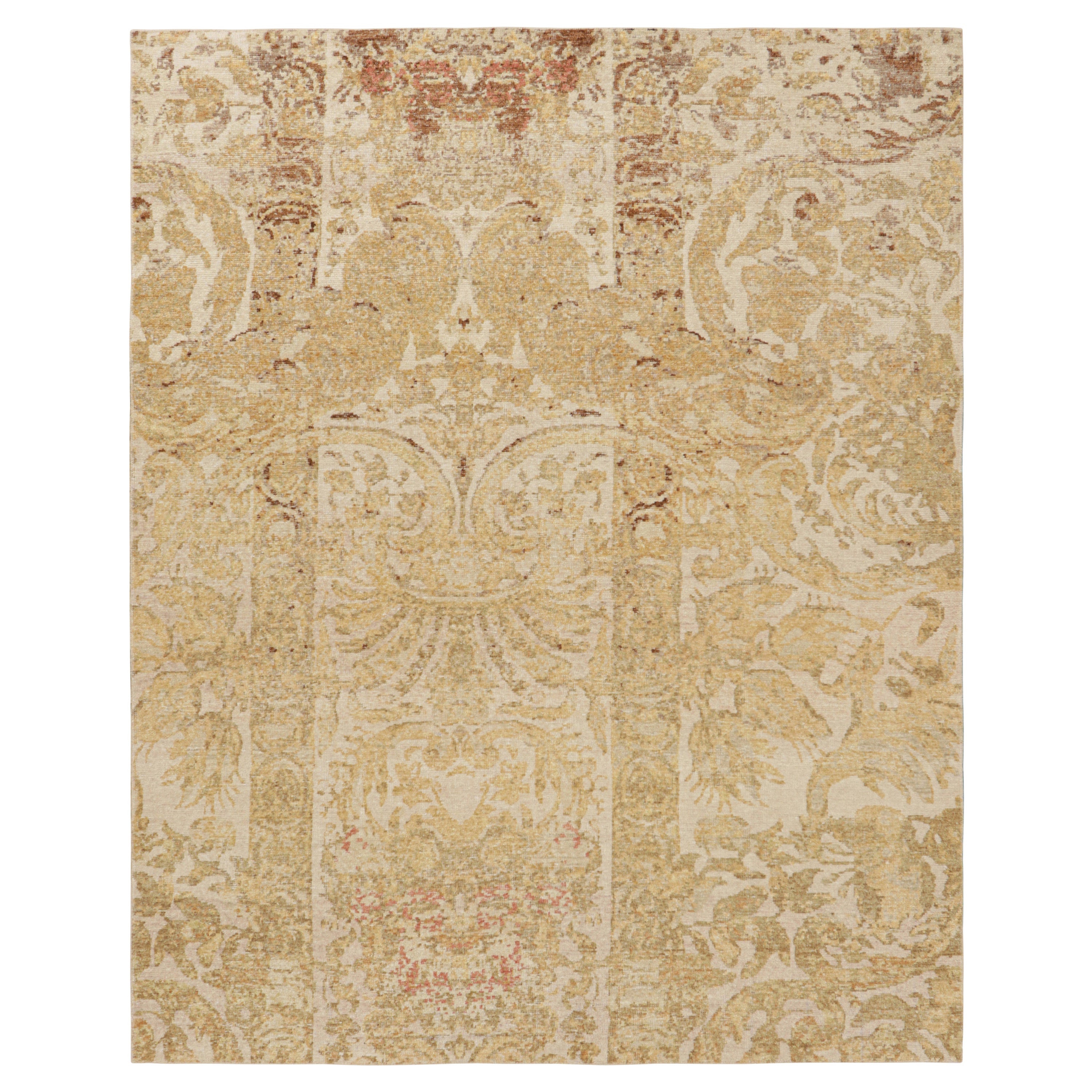 Rug & Kilim’s Distressed European Rug in Beige-brown & Gold Florals