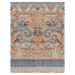 Rug & Kilim’s Distressed Dragon Rug in Blue, Gold and Red Pictorial Patterns