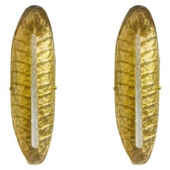 20. Jahrhundert Italienisch Paar moderne Blatt Murano Glass Oro Sommerso Wandleuchter