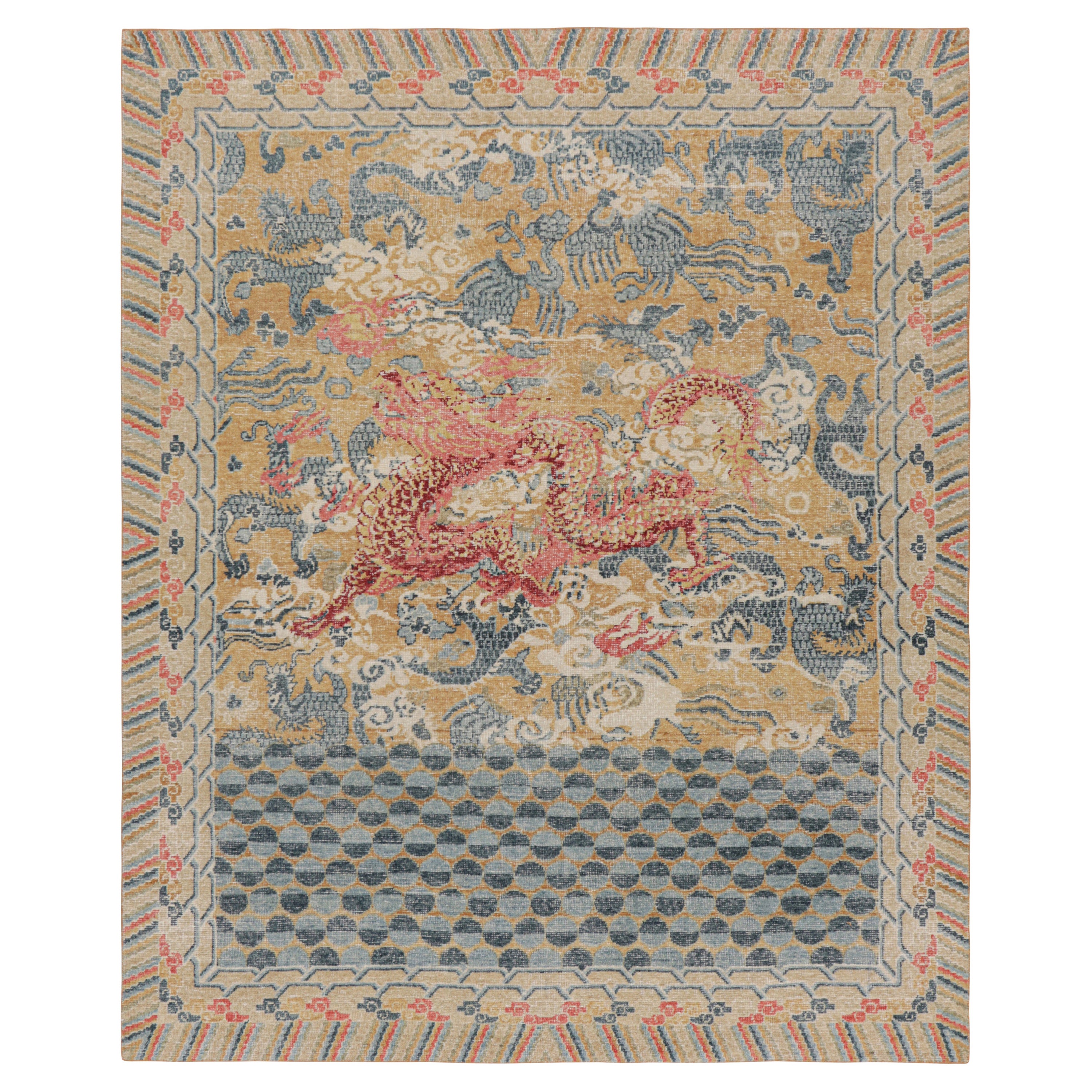 Alfombra Dragón Desgastada de Rug & Kilim con motivos pictóricos en azul, ocre y rojo