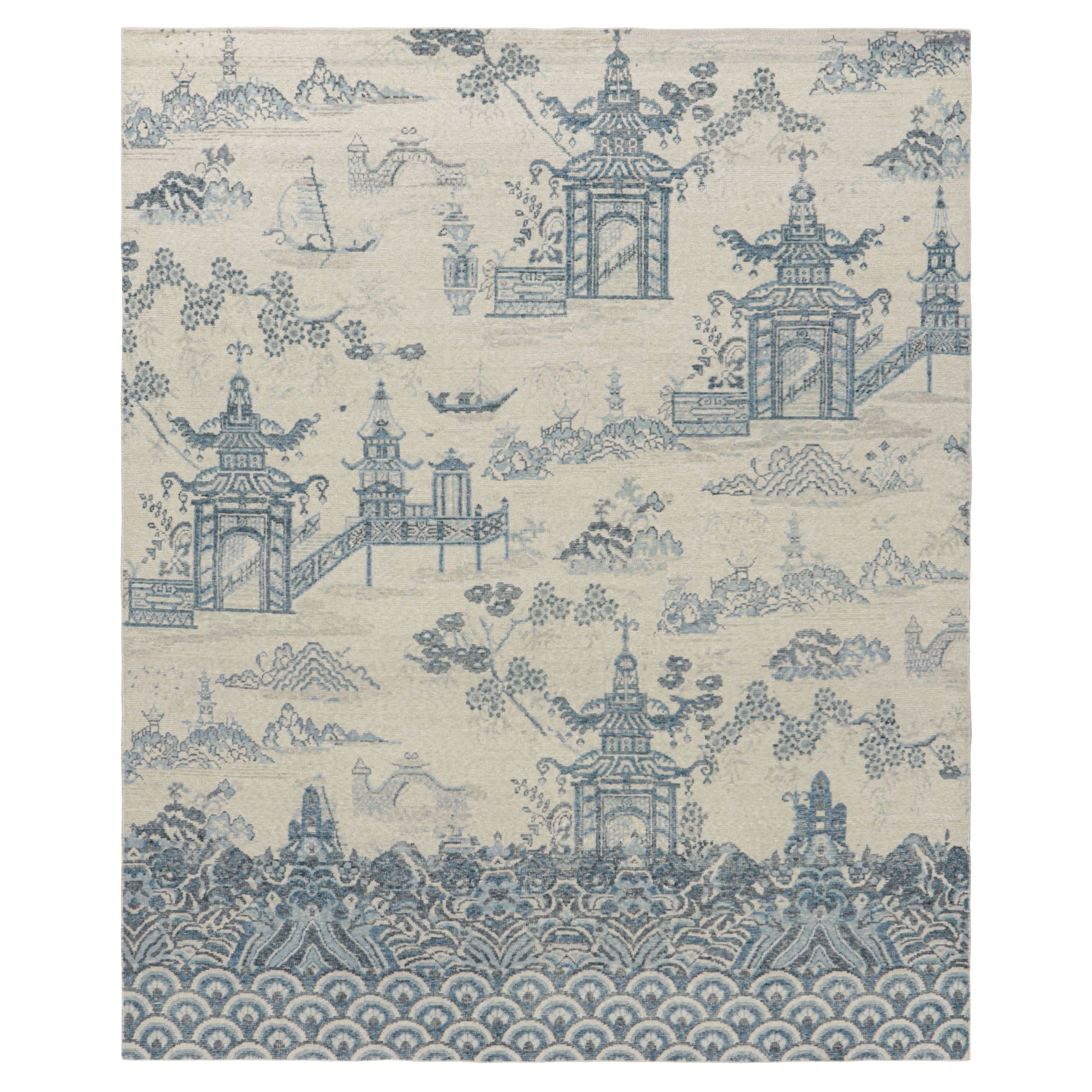 Rug & Kilim’s Distressed Chinese Pictorial Rug in Blue and Off-White Tones For Sale