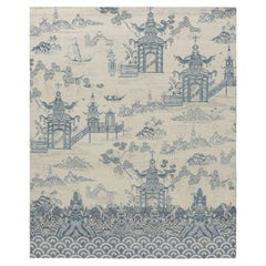 Alfombra pictórica china desgastada de Rug & Kilim en tonos azules y blanco roto