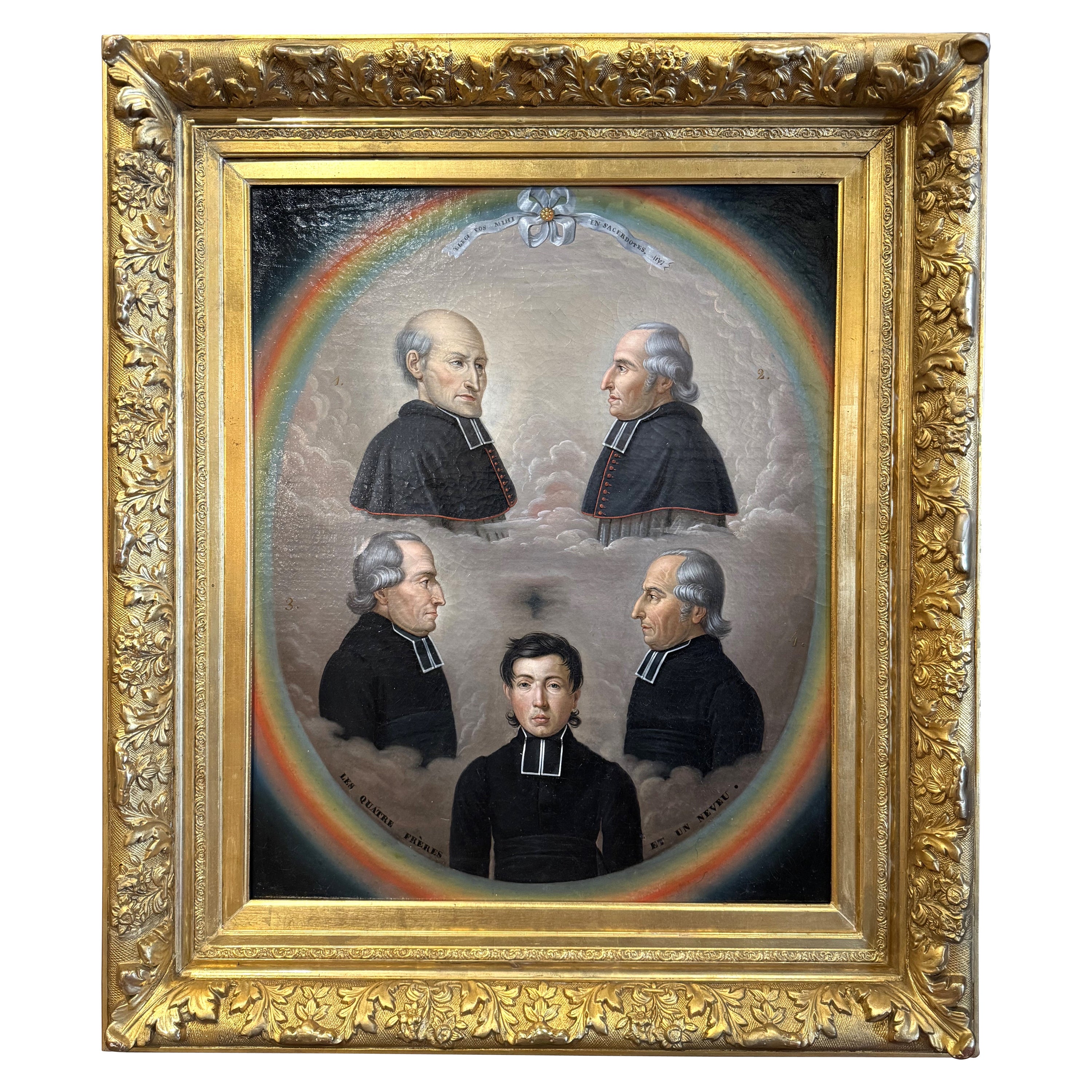 19th Century French Oil on Canvas Family Priest Portraits Painting in Gilt Frame