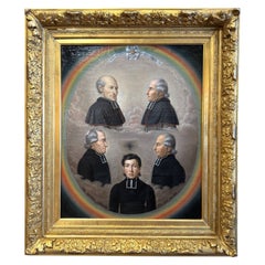 19th Century French Oil on Canvas Family Priest Portraits Painting in Gilt Frame