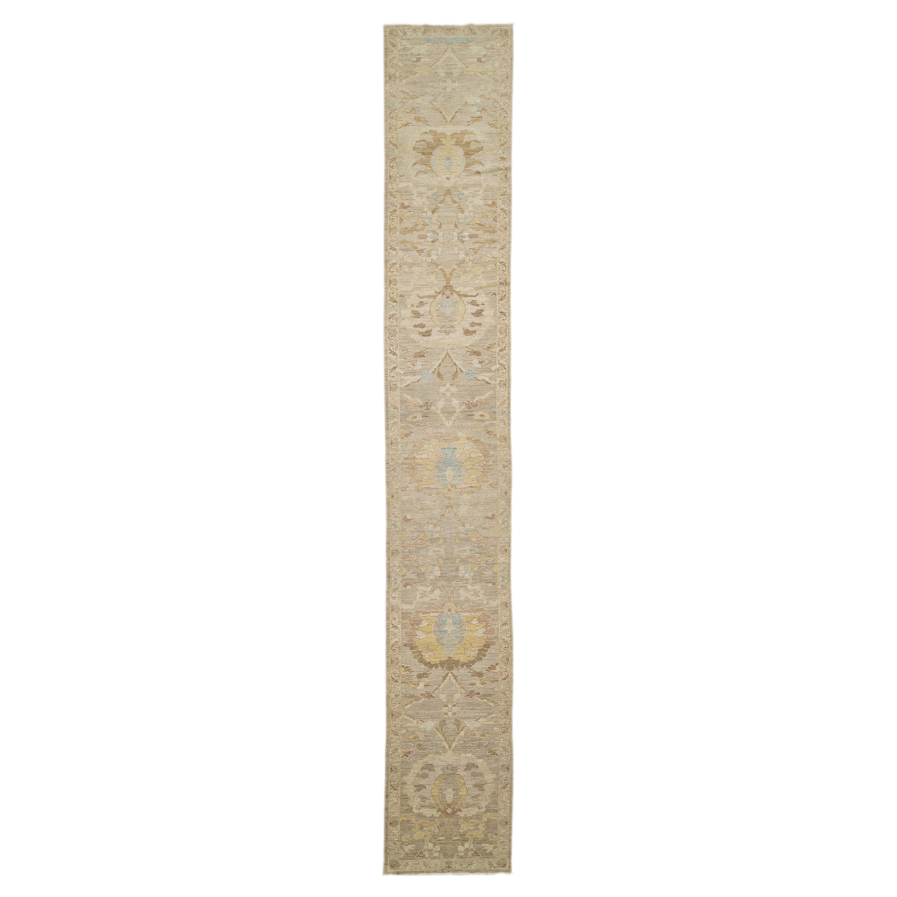 Apadana's Contemporary Sultanabad Beige Wool Runner Handmade With Floral Motif