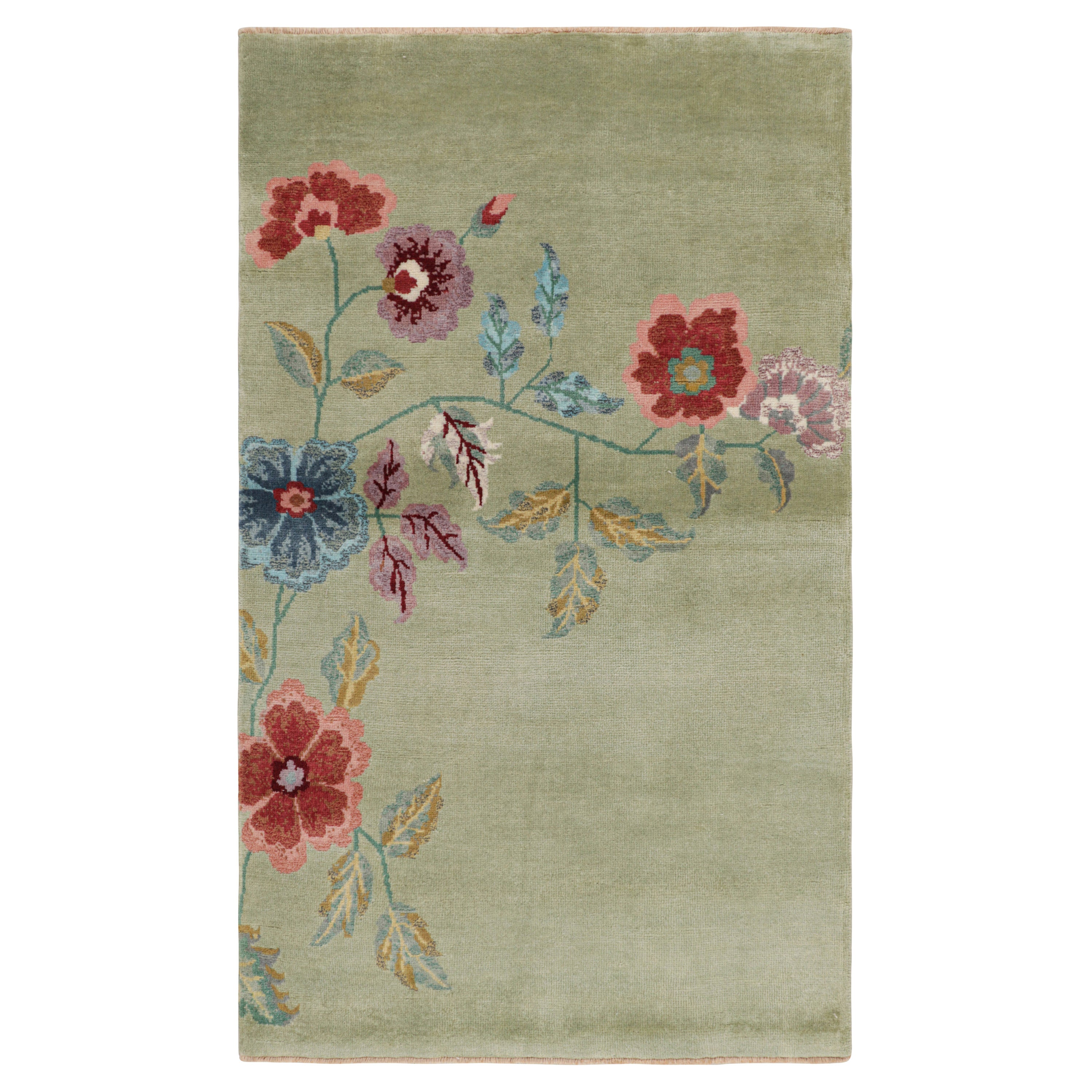 Rug & Kilim’s Chinese Art Deco Style Rug in Green with Colorful Floral Patterns