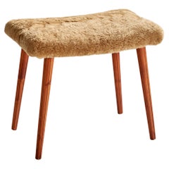 Swedish Designer, Stool, Teak, Shearling, Sweden, 1950s