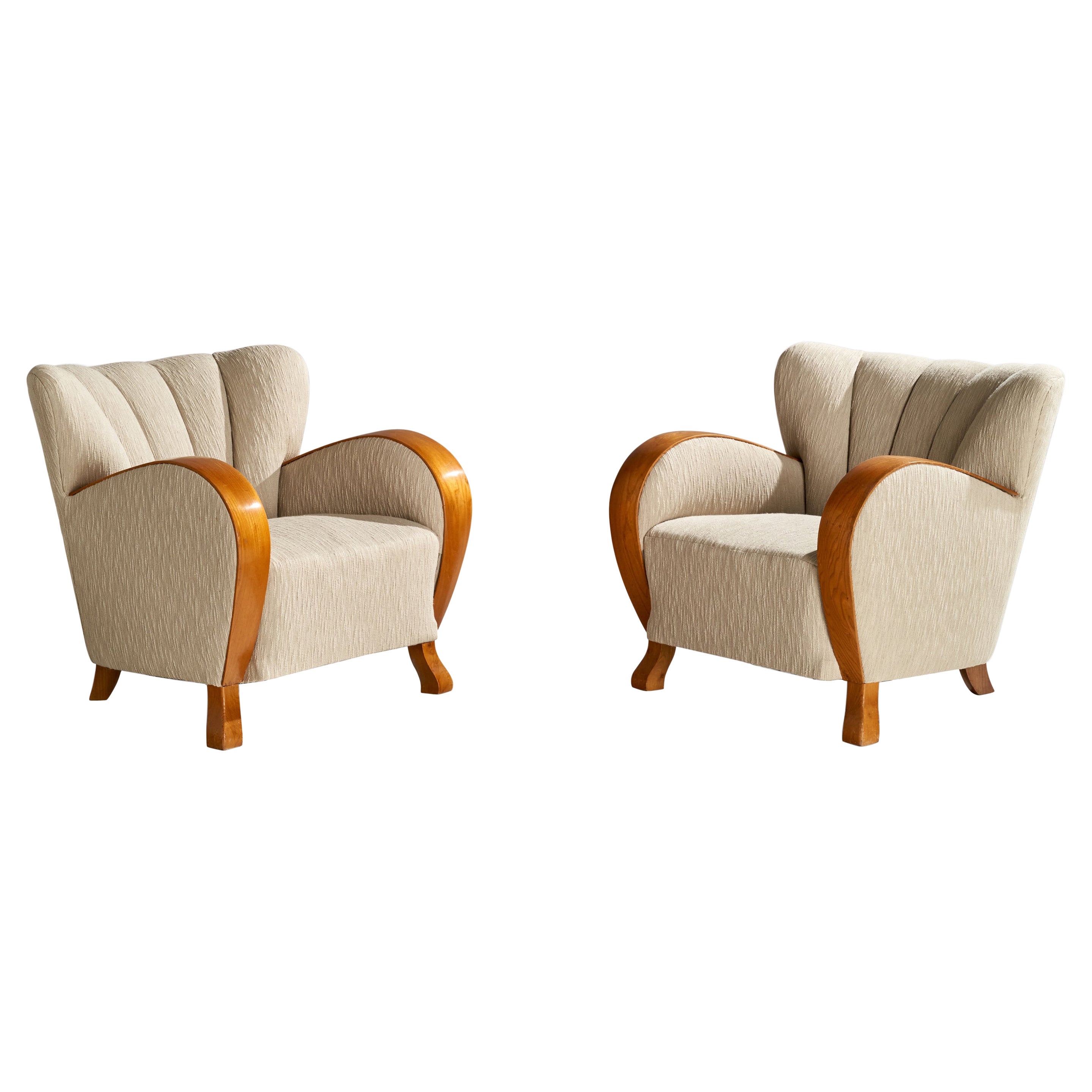Swedish Designer, Lounge Chairs, Oak, Fabric, Sweden, 1930s For Sale
