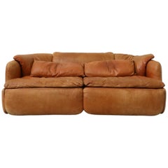 1970s Saporiti 'Confidential' Cognac Leather Loveseat by Alberto Rosselli