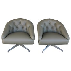 Pair of Chrome and Tufted Leather Swivel Tub Lounge / Armchairs by Ward Bennett
