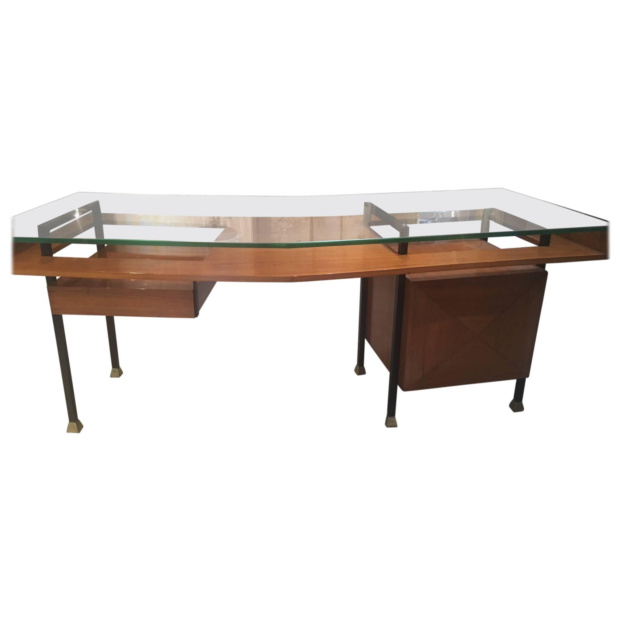 Elegant 1950s Italian Walnut Desk For Sale