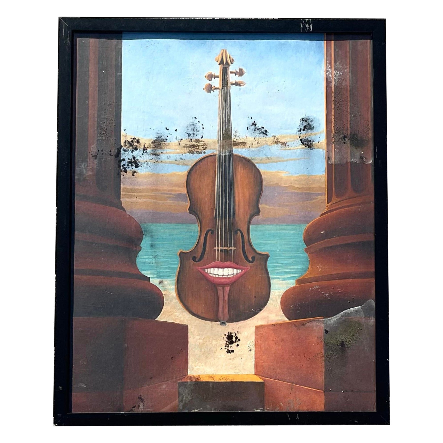 Pittura a olio su carta di epoca surrealista Boho