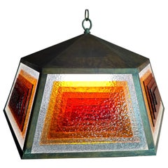 Vintage Copper and Stained Glass Light Fixture in the manner of Frank Lloyd Wright