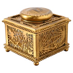 Tiffany Studios New York Pine Needle Bronze Doré and Slag Glass Inkwell