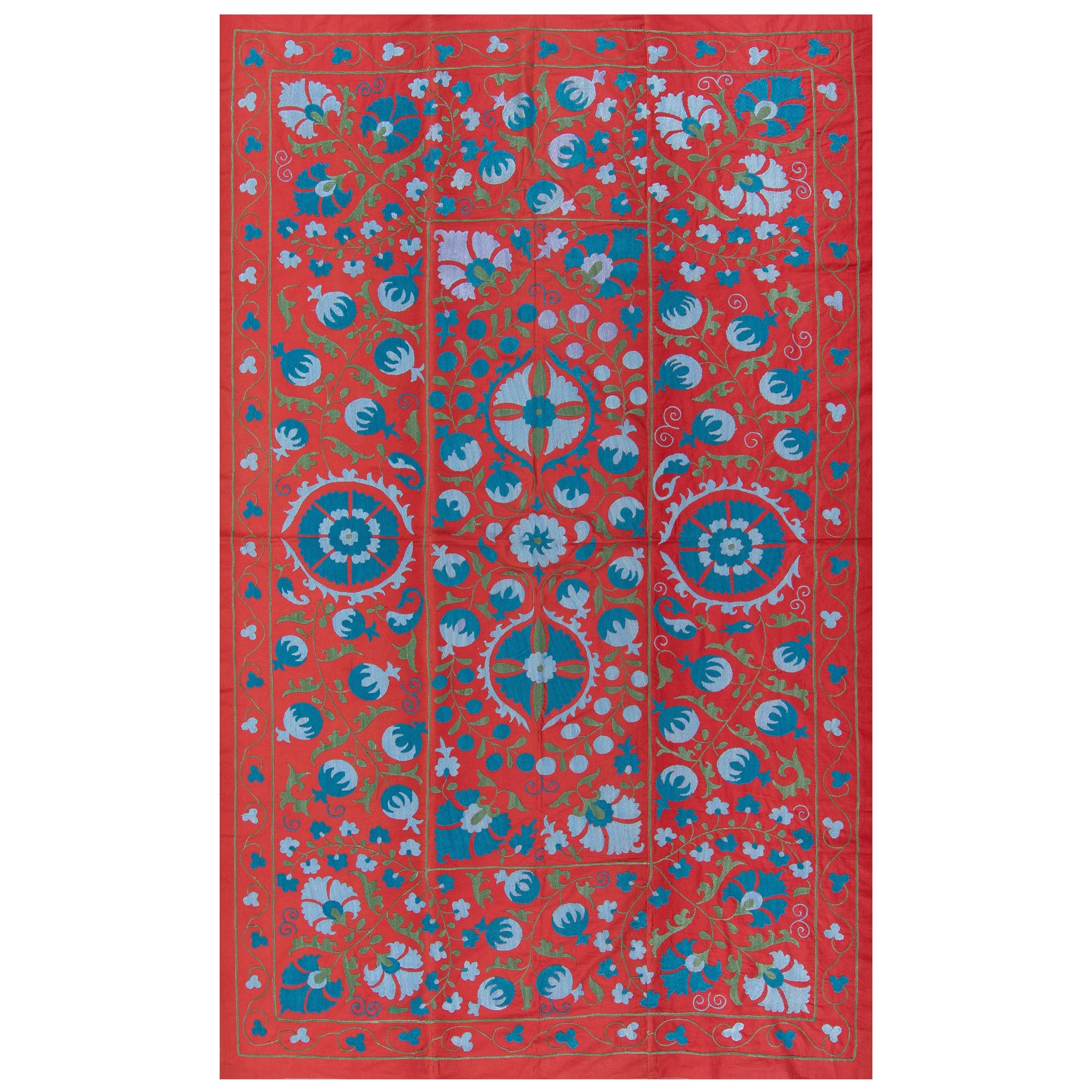 Tapiz Rojo Uzbeko, Cubrecama de Seda Bordada, Tapiz de Pared Vintage 4,4x7 Pies