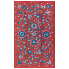 Tapiz Rojo Uzbeko, Cubrecama de Seda Bordada, Tapiz de Pared Vintage 4,4x7 Pies