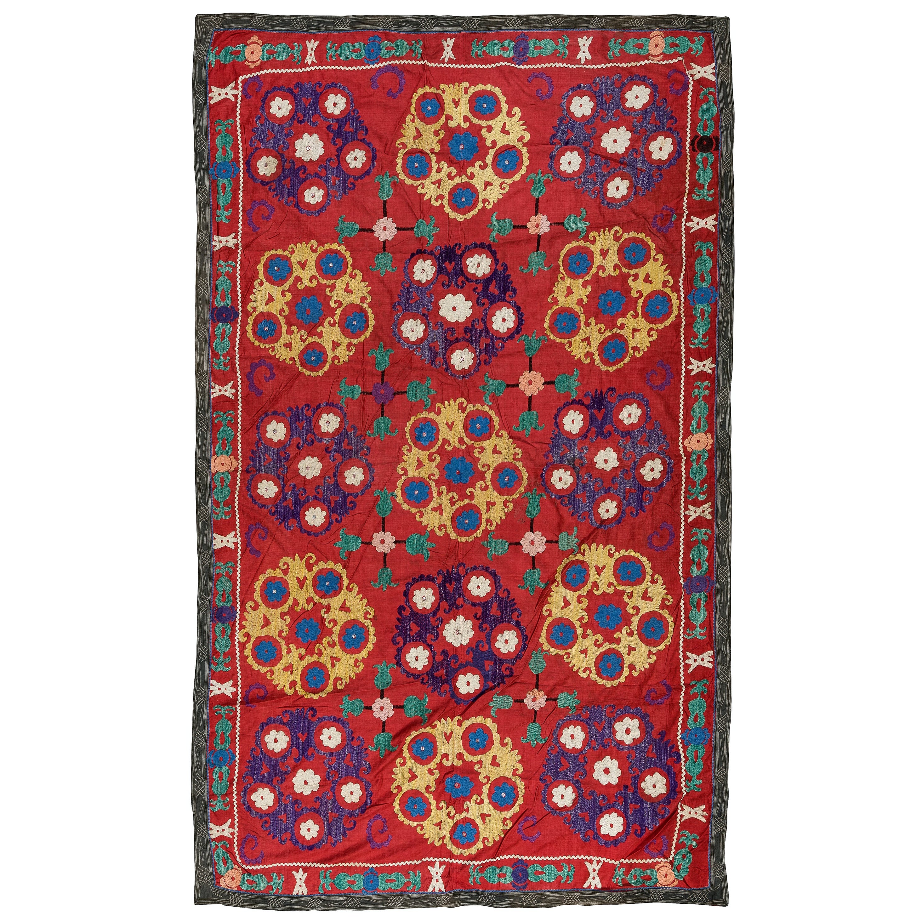 Cubrecama Bordado de Seda Vintage, Colgante de Pared Suzani Uzbeko, Lienzo Rojo, 4,6x7 Pies