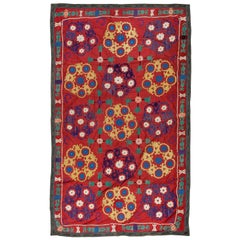 4.6x7 Ft Vintage Silk Embroidery Bed Cover, Uzbek Suzani Wall Hanging, Red Throw