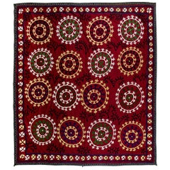 6.8x7.2 Ft Embroidered Bed Cover, Vintage Wall Hanging, Red Tapestry, Silk Throw