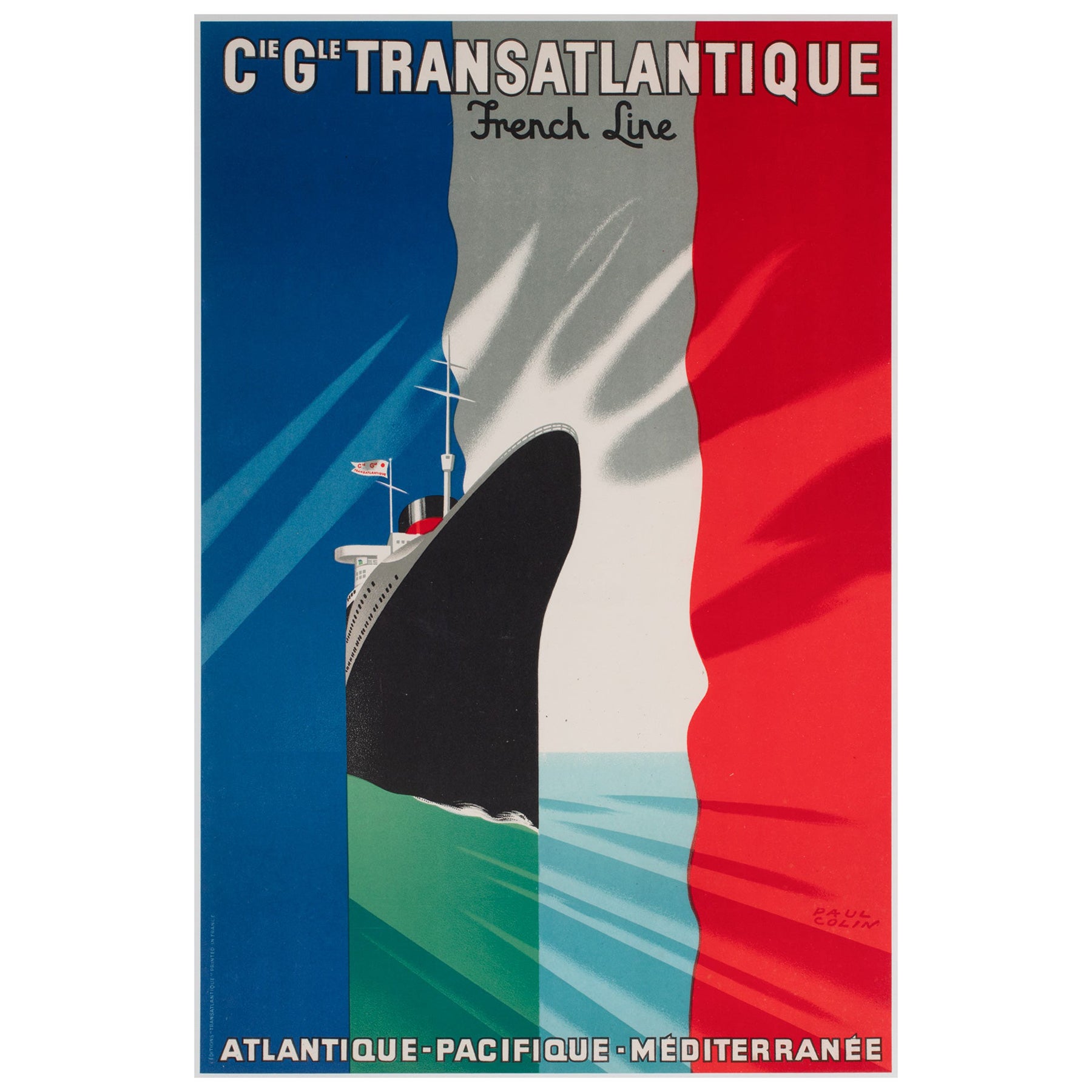 Cie Gle Transatlantique 1950s French Line Travel Poster, Paul Colin For Sale