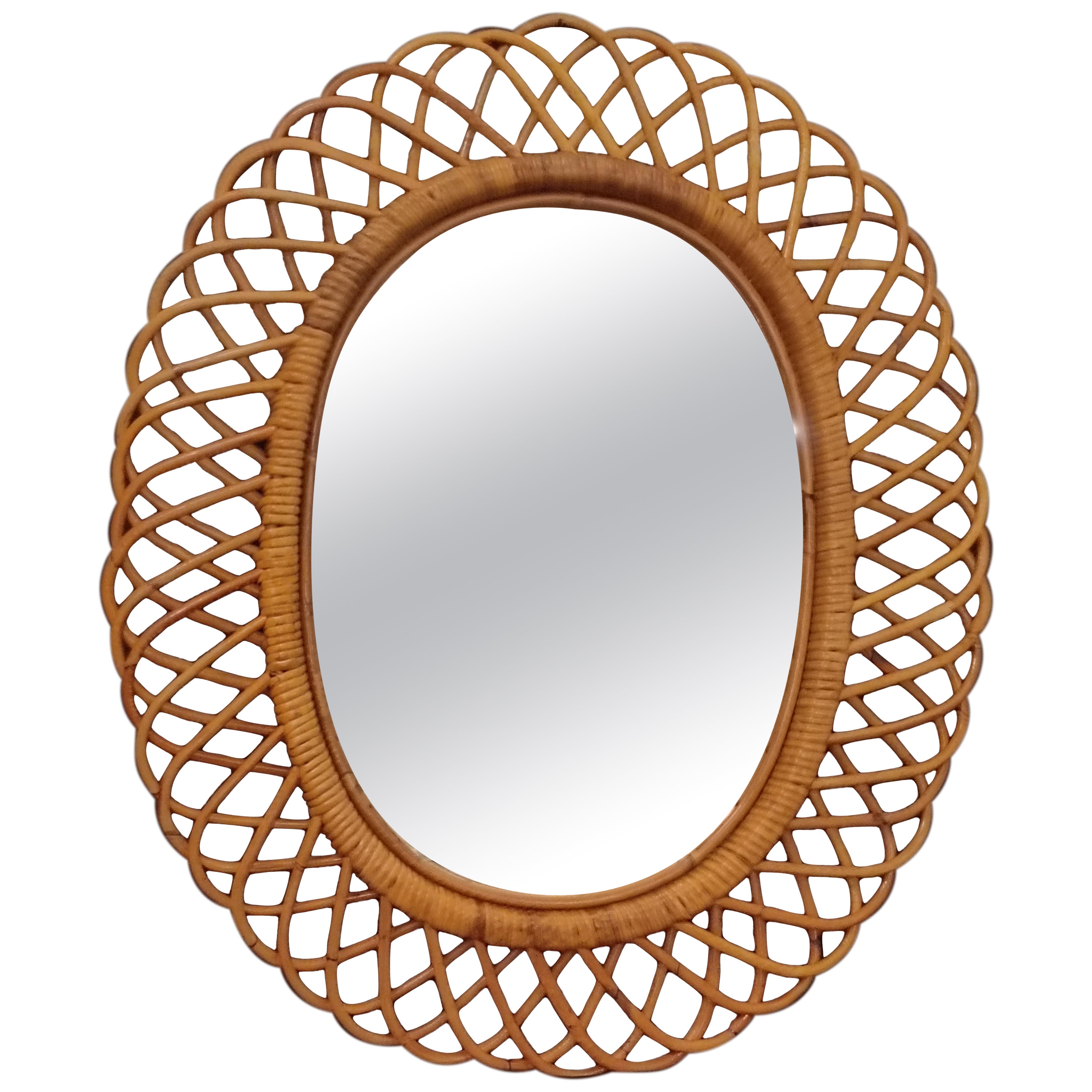 Rattan and Bamboo Oval Wall Mirror, Italy 1960s