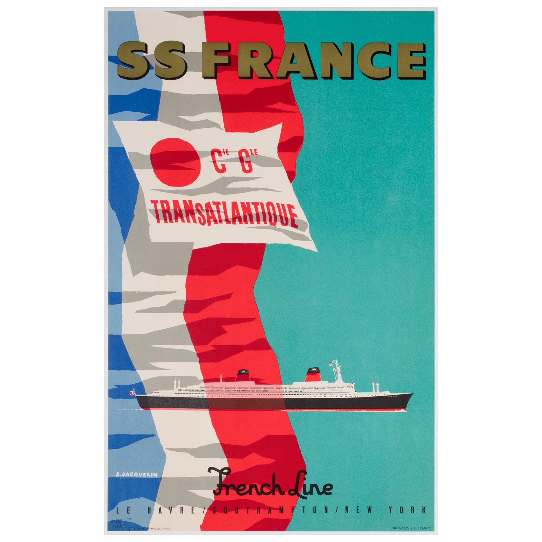 SS France Cie Gle Transatlantique c1961 French Line Travel poster Jean Jacquelin