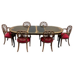 1970s Oval Painted Floral Extension Dining Web Sunburst Back Chairs, Set of 7