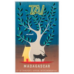 Affiche publicitaire TAI Madagascar c1950s Africa Airline Travel, Lesourt