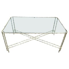 1970s Faux Bamboo Glass Bone Color Brass Coffee Table